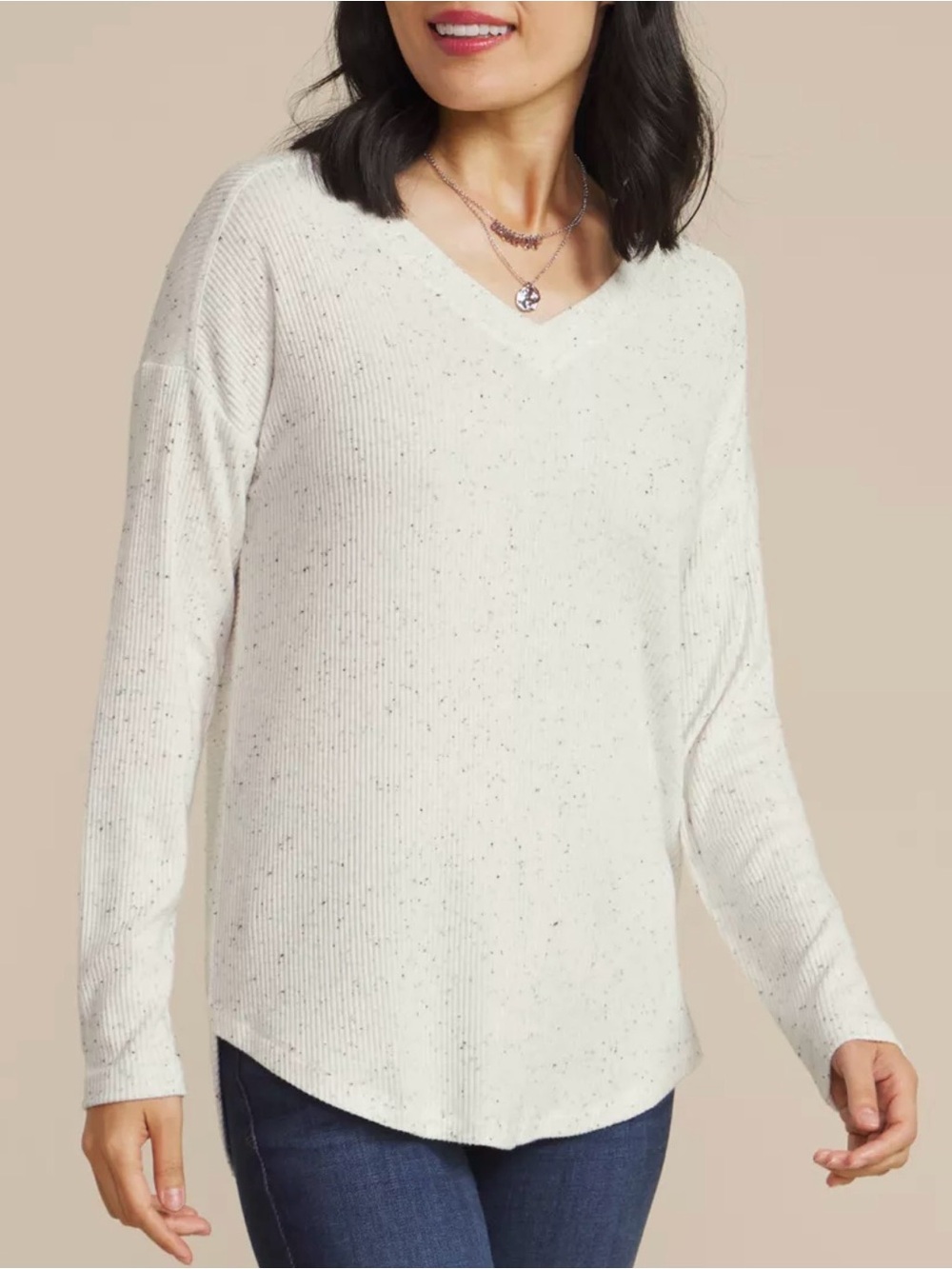 Maurices 24/7 Berkley Speckled Long Sleeve Tee Light Gray V-neck Ribbed Large